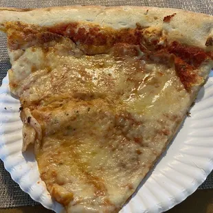 a slice of pizza on a paper plate