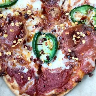 Pepperoni and jalapenos  And I added red pepper. I like it hot.