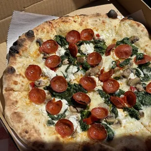 Pepperoni pizza with spinach and ricotta!