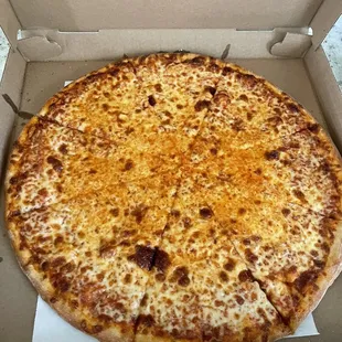 a cheese pizza in a box