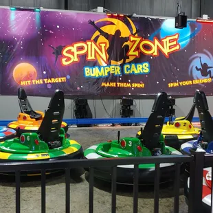 Lights go down and music starts when the bumper cars are in motion