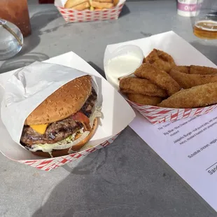 Flame burger and onion rings.  So good!