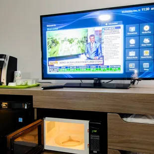 Each guestroom feature a 43" flat screen TV, Keurig coffee maker, Microwave, and mini-fridge