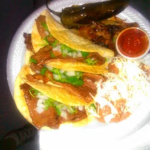 Tacos: Steak, Buche, Lengua, Barbacoa, $4.33
 Tripitas $5.41