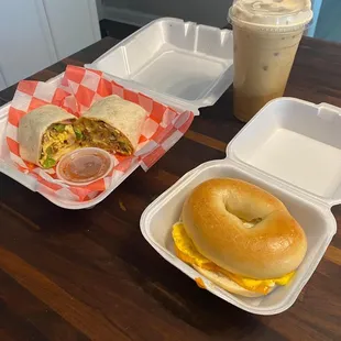 125 burrito and breakfast bagel with cheese and egg. Carmel frappe
