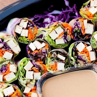 Shiitake Tofu Spring Rolls with Roasted Onion-Peanut dipping sauce