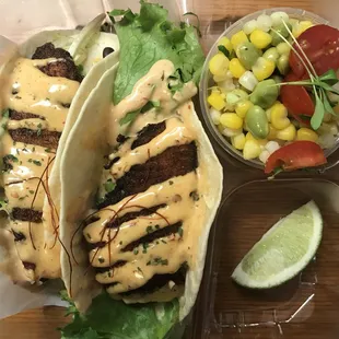 Cajun fish taco with Edamame Corn Salad. LOOKS good, SMELLS good and TASTE good!!!