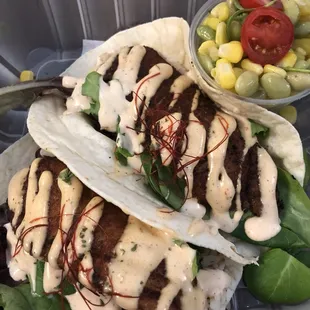 Fish tacos with corn &amp; edamame salad