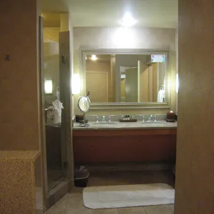 Bathroom with standing shower, dual sinks, hair dryer, and jacuzzi tub.