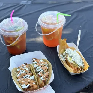 Fish tacos, puerco tamale preparado, and lemonades