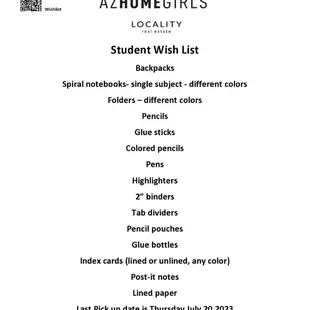 Supplies needed for the back to school drive. Drop off box is at The Playa II