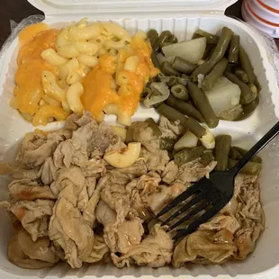Chitterlings, Mac &amp; Cheese and string beans.
