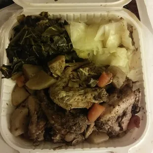 Jerk chicken, Cabbage, Greens