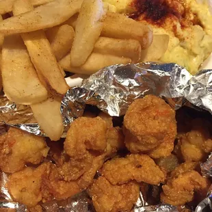 Shrimp platter (carryout portion)! Comes with 2 sides. Priced reasonably and worth every penny.