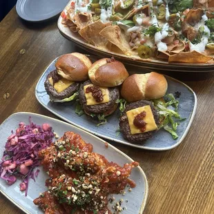 Sesame chicken tenders, wagyu sliders, PW nachos