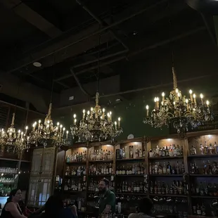 a chandelier in the background