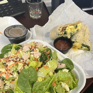 #39 Plaza Cobb Salad tossed dry, 1/2 spinach with Italian dressing on the side AND #54 Breakfast burrito sub spinach for potatoes.