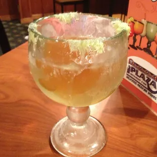 Prepared Mexican beer.  Preparation consist of sea salt and lime.