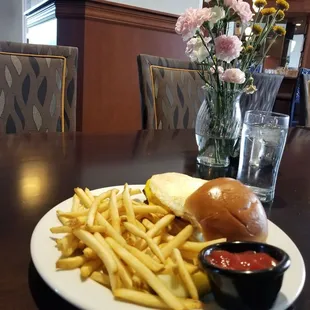 Tasty burger and fries.