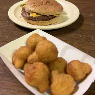 Plaza burger and fried mushrooms