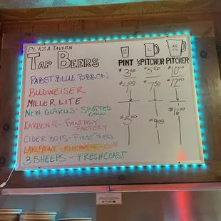 a menu on the wall