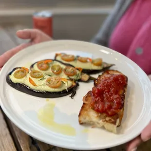 Roasted eggplant - the best eggplant I have ever had. The tomato jam is also amazing.