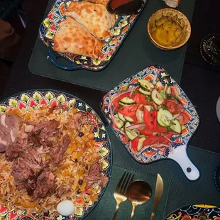 Somsa, Plov, Tomato and cucumber salad