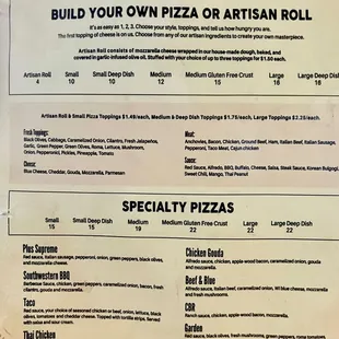 Pizza menu