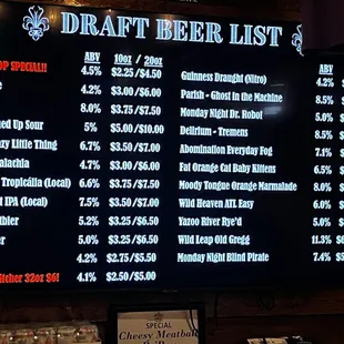 Draft beer list in basement bar