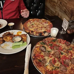 Chicken Wings - Full Size (6), Sausage, and Meatball pizza.