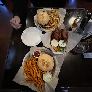 Top: Point Burger w/ Garlic Parmesan Fries   Middle: Thai Basil Pound of Wings  Bottom: Bridge Burger w/ Sweet Potato Fries