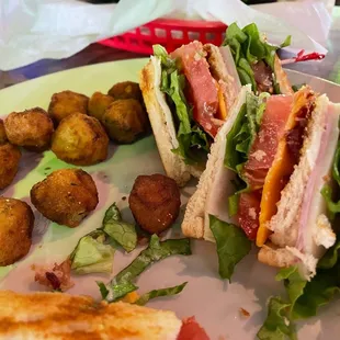 Club sandwich with side of breaded okra