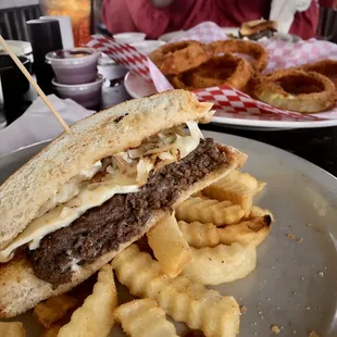 Shared patty melt and fresh made onion rings.