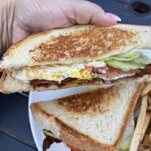 Excellent BLT with egg along with French fries.