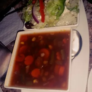 Soup and salad - beef vegetable and Greek