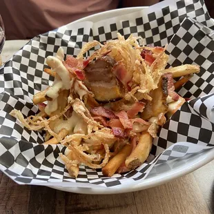 Alfredo fries with pork belly and bacon