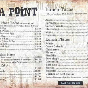 The Point Mexican Menu