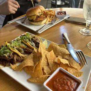 Patio burger and pork tacos