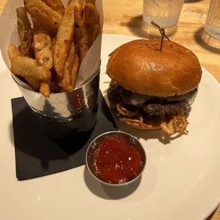 a burger and fries
