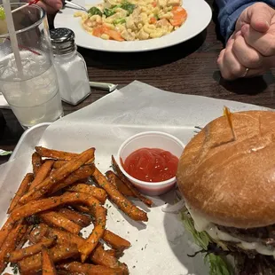 Double Mushroom Swiss burger with sweet potato fries. Chicken bacon Mac cheese.