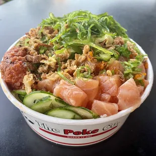 Large Poke Bowl with salmon and spicy tuna