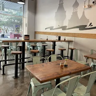 tables and chairs in a restaurant