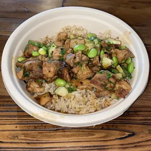 Chicken Bowl with brown rice, cilantro, and edamame.