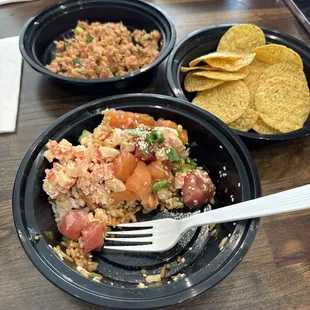 Double Hook bowl with salmon and ahi, and a new creation of a spicy tuna appetizer.
