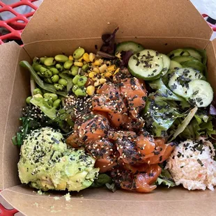 3 scoop salmon with cucumber, crab, edamame, corn, seaweed l, avocado on bed of salad