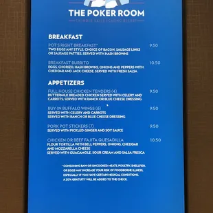 Poker Room Menu