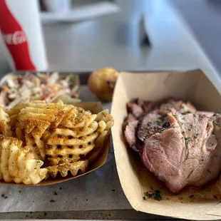 From the smoker: sliced pork shoulder w/ waffle fries