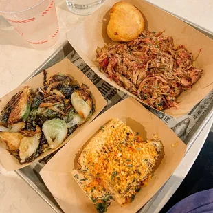 Pulled pork, street corn, brussel sprouts, jalapeño corn bread.