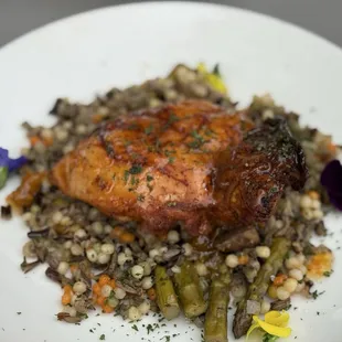 Chef special bourbon chicken with couscous and asparagus. Loved it.