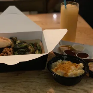 Low and slow brisket sandwich, Brussel sprouts and Mac n cheese